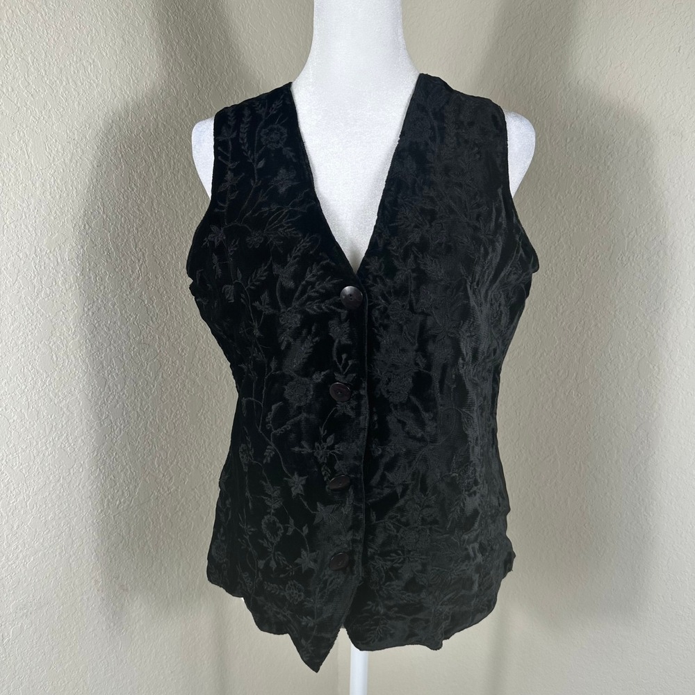 VTG Kool Collection Vest Womens M Black Velvet Floral Embroidered Whimsigoth